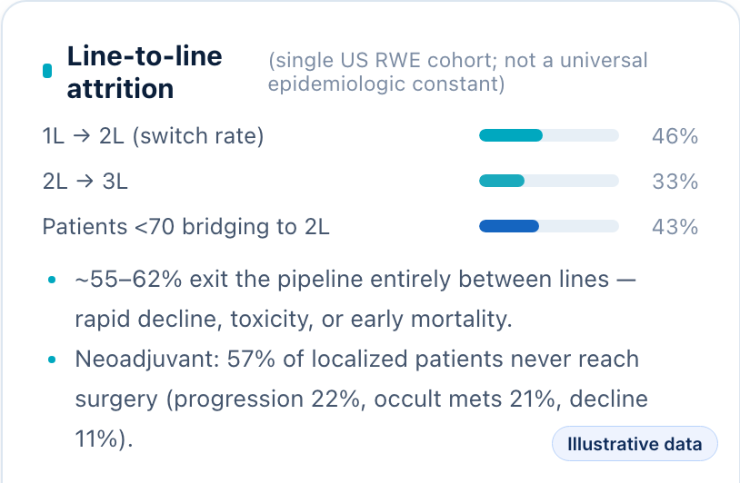 Illustrative competitive landscape excerpt: patient attrition between lines of therapy in one US real-world cohort, shown as percentage bars.